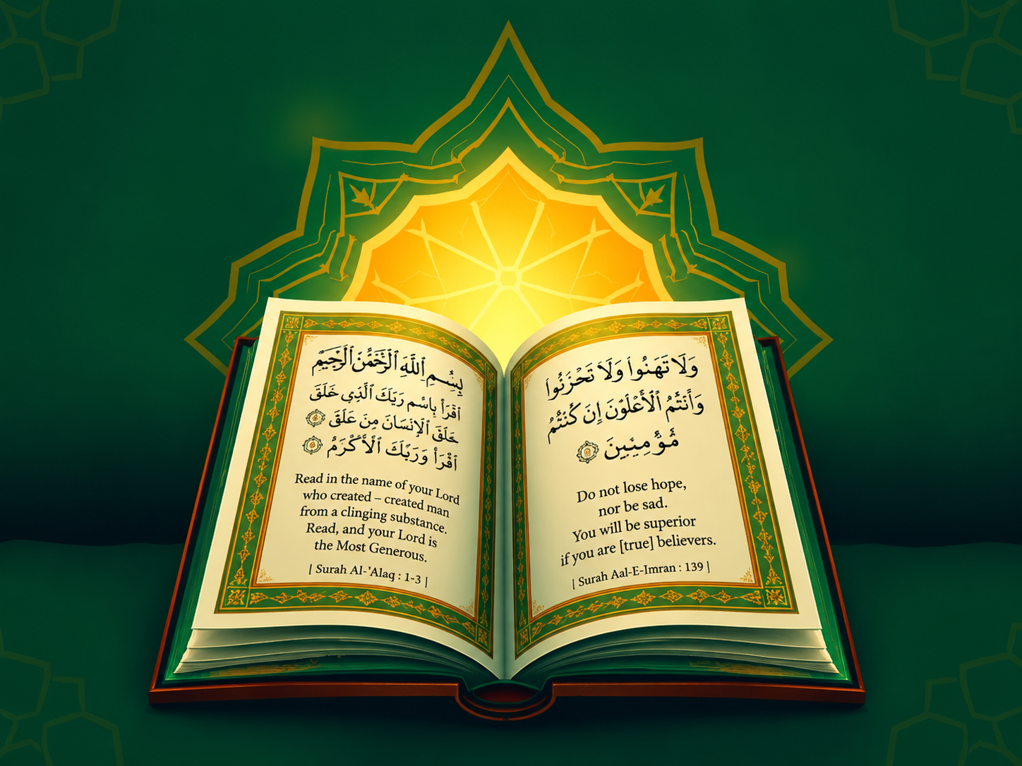 Open Quran illuminated with golden light before a majestic mosque